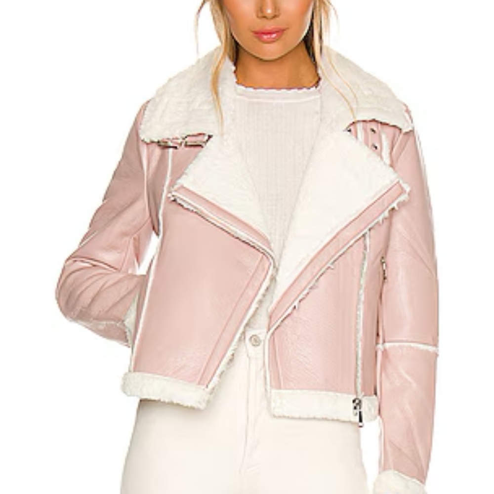 NWT Superdown Genna Fur Lined Pink Faux Leather Moto Jacket